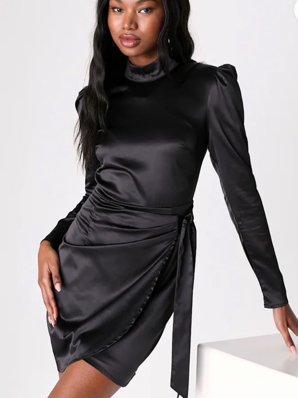Late Night Stunner Black Satin Cutout Faux-Wrap Mini Dress
Lulus